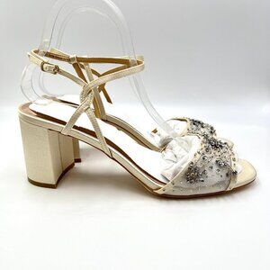 Badgley‎ Mischka Size 10 Jeweled Ivory Satin Block Heels Dress Sandals Shoes
